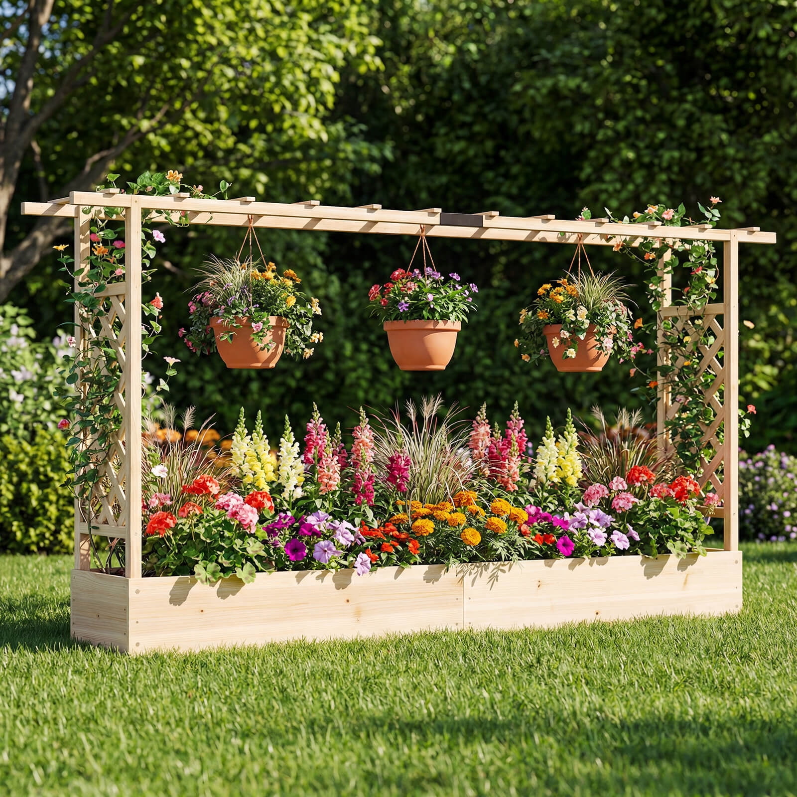 Costway 1 PCS Wooden Raised Garden Bed with Trellis & Hanging Roof, Drainage Holes for Flowers Natural