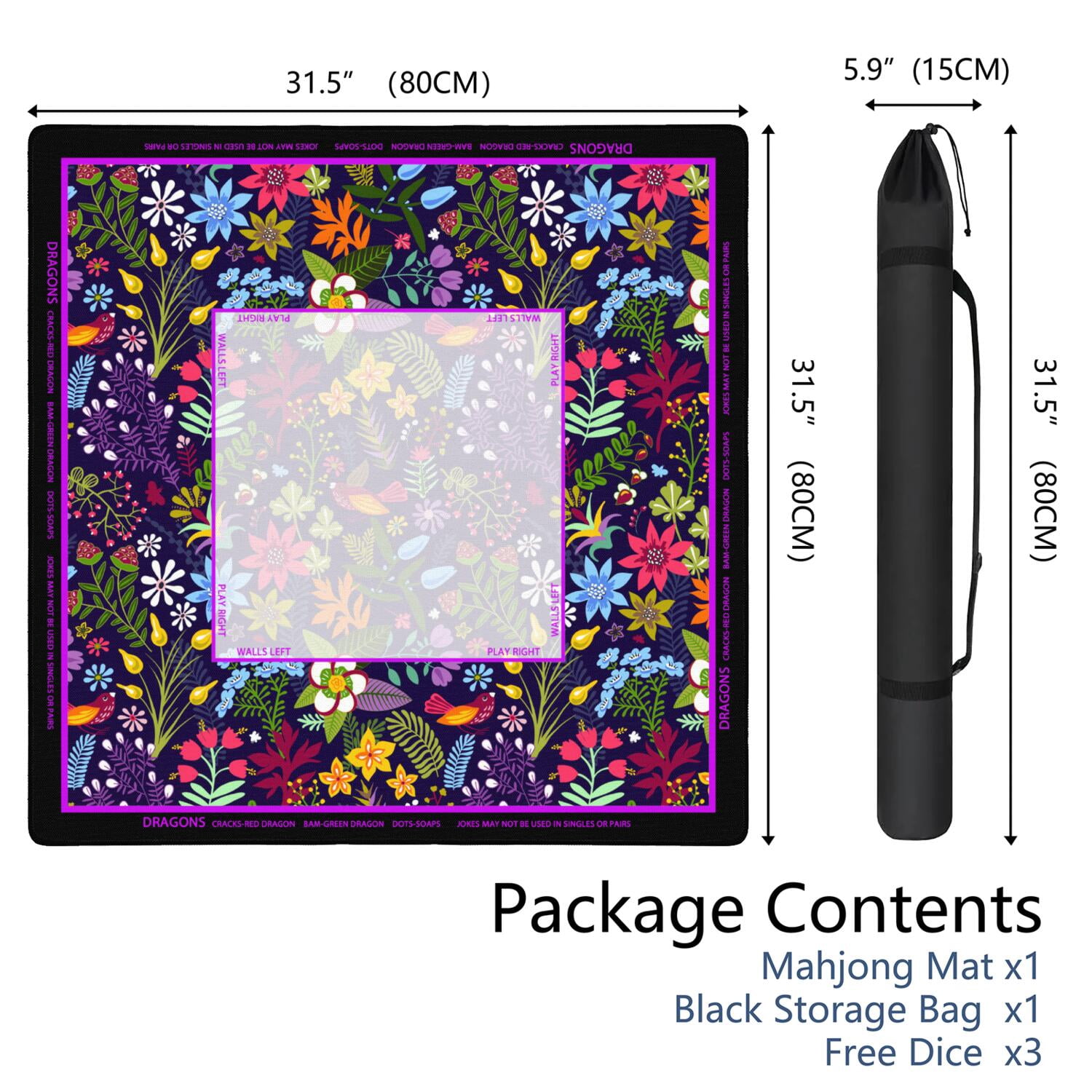 Flower Mahjong Mat with Rules, 31.5*31.5in Anti Slip American Mahjong Mat for Table, Noise Reduction, Neoprene Mah jongg Mats with Carrying Bag & 3 Dices, Mahjong Set Gift, Board Tile Games Mats