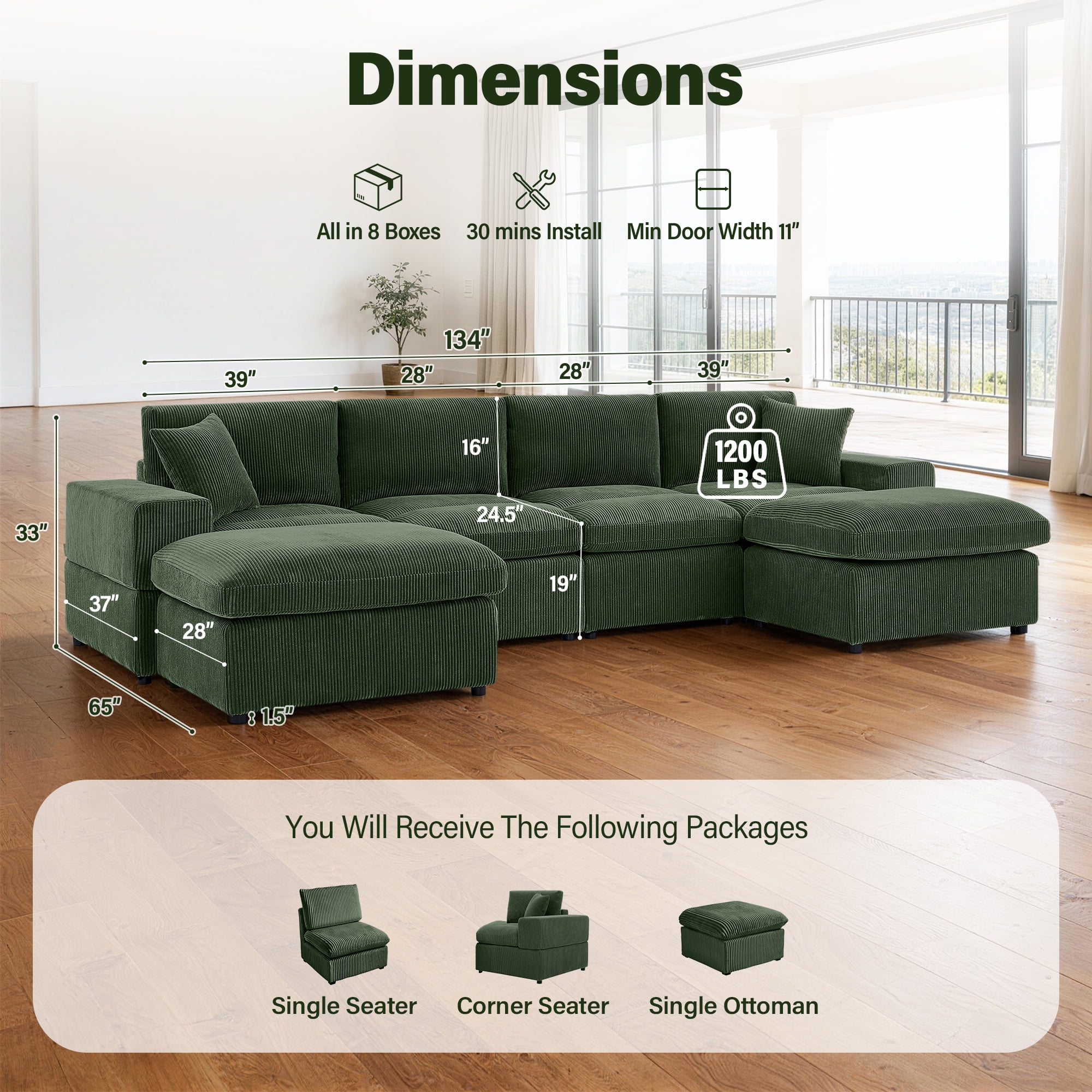 AENKYO U-Shaped Modular Sectional Sofa, Deep Seat Convertible Couch with Chaise for Living Room,Green