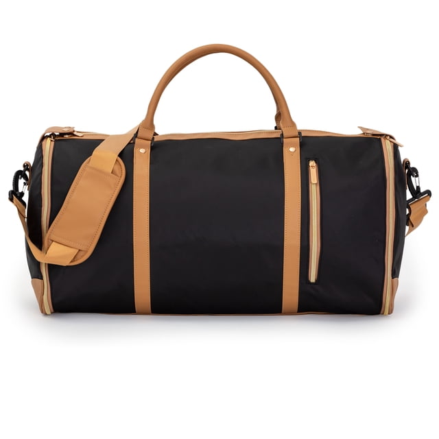 JetStream® 21” Garment Duffle Bag in black with tan PU leather trim, featuring dual top handles, adjustable padded shoulder strap, front vertical zip pocket, and side zip compartments, carry-on size suitable for weekend and business travel.
