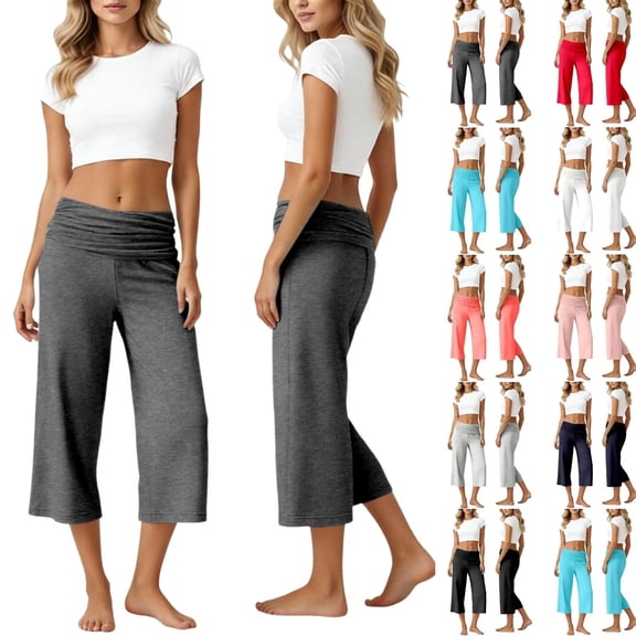 Gaucho Capri Pants for Women Low Rise Wide Leg Cropped Yoga Casual Trousers Fold Over Waist Flowy Summer Beach Pants Dark Gray M