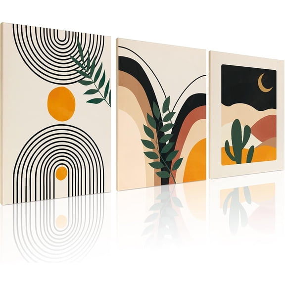 Boho Wall Art Posters - Set of 3 Framed Canvas Minimalist Neutral Abstract Artwork Modern Boho Home Wall Decor for Office Living Room Bedroom Bathroom Home Decor