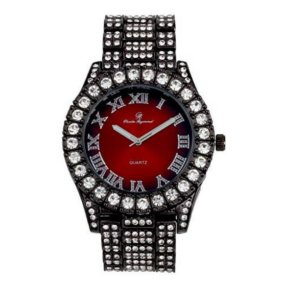 Mens Silver Big Rocks with Roman Numerals Fully Iced Out Colorful Dial Watch - ST10327 RN Single (Black Blood Red)