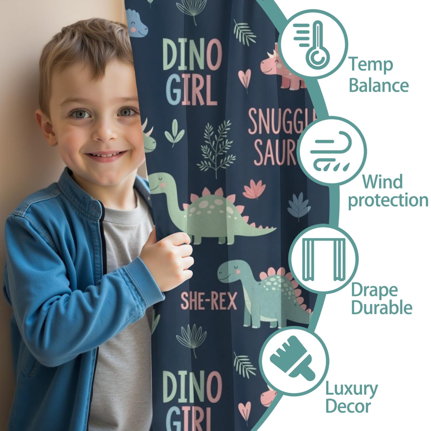 Blackout Kids Curtains,Dark Blue Girl Themed Dinosaurs Pattern Childrens Insulated Curtains Set Of 2,Bedroom Essentials,Toddler Room Decor 52"x63"