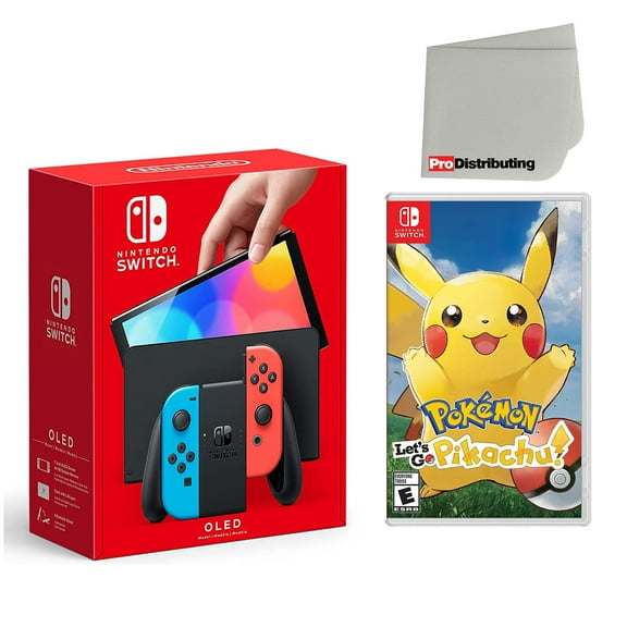 Nintendo Switch OLED Console Neon Red & Blue with Pokemon: Let's Go, Pikachu! and Screen Cleaning Cloth