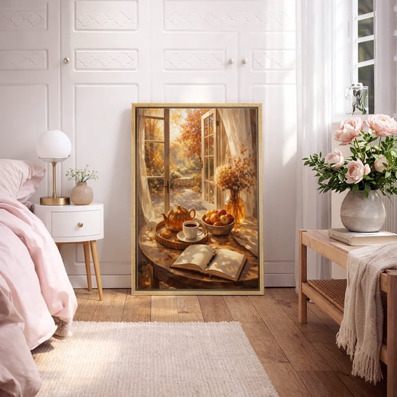 Framed Canvas Wall Art Cozy Autumn Window Still Life Print for Kitchen Decoration - 16"x24" NATURAL