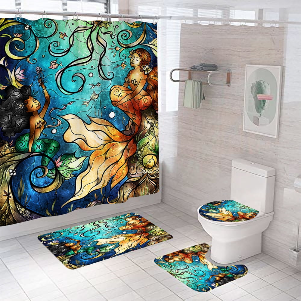 Details about   Mermaid Shower Curtain Bathroom Rug Set Thick Bath Mat Non-Slip Toilet Lid Cover 