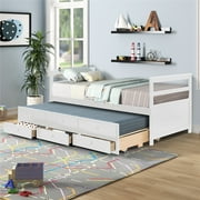 Daybed with Trundle and 3 Storage Drawers, Captain's Daybed, Wooden Trundle Bed Frame,White