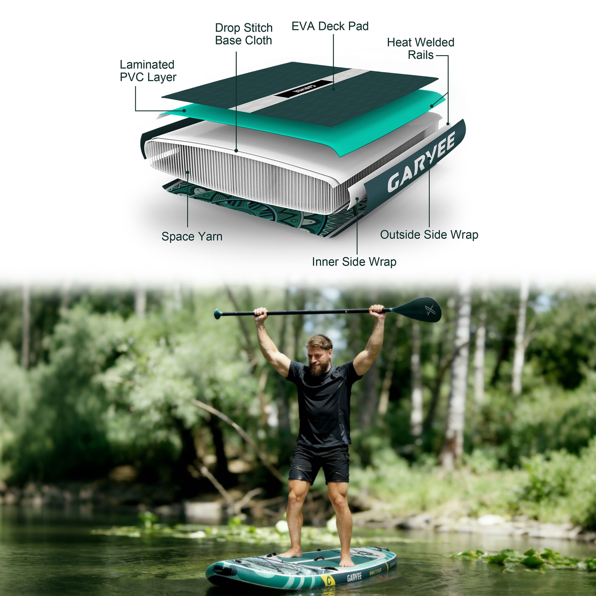 Bohemian Inflatable Stand Up Paddle Board with Accessories, EVA Non-Slip Deck, 3 Removable Fins, Adjustable Paddle, Pump, Leash & Backpack, All-Around iSUP for Adults & Youth, 11.5', Deep Green