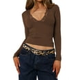thumbnail image 3 of Women'S Long Sleeve Tops Going Out V Neck Crop Lace Mesh Slim Fitted Shirts Brown M, 3 of 9