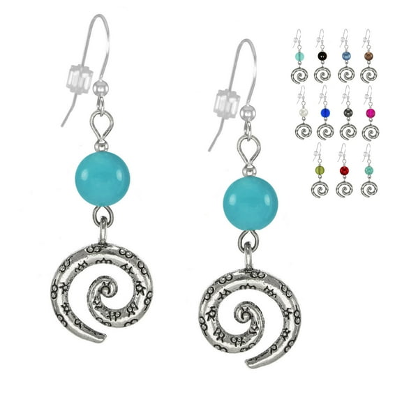 One Pair Textured Pewter Swirl & Bead Earrings with Sterling Silver Earwires - Turquoise Crystal Pearl