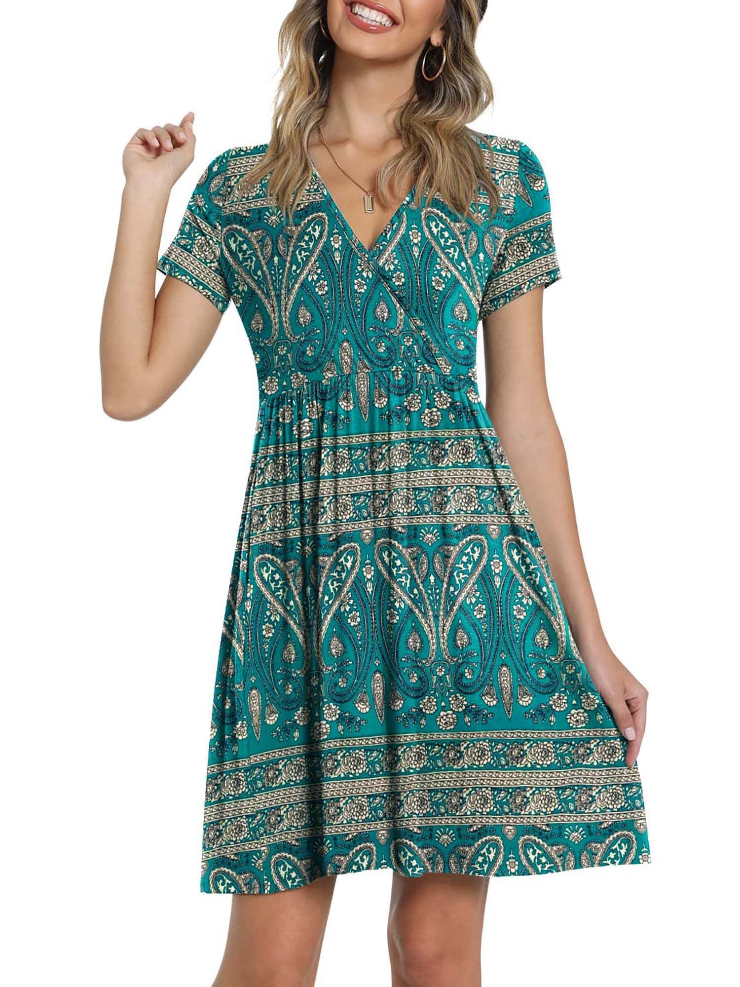 ORQ Womens Wrap V Neck Short Sleeve Floral Vacation Mini Dress ...