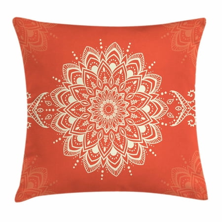 Henna Throw Pillow Cushion Cover, Ancient Kaleidoscopic Round Mandala Arabic Design Yoga Meditation Cosmos Symbol, Decorative Square Accent Pillow Case, 24 X 24 Inches, Vermilion Ivory, by