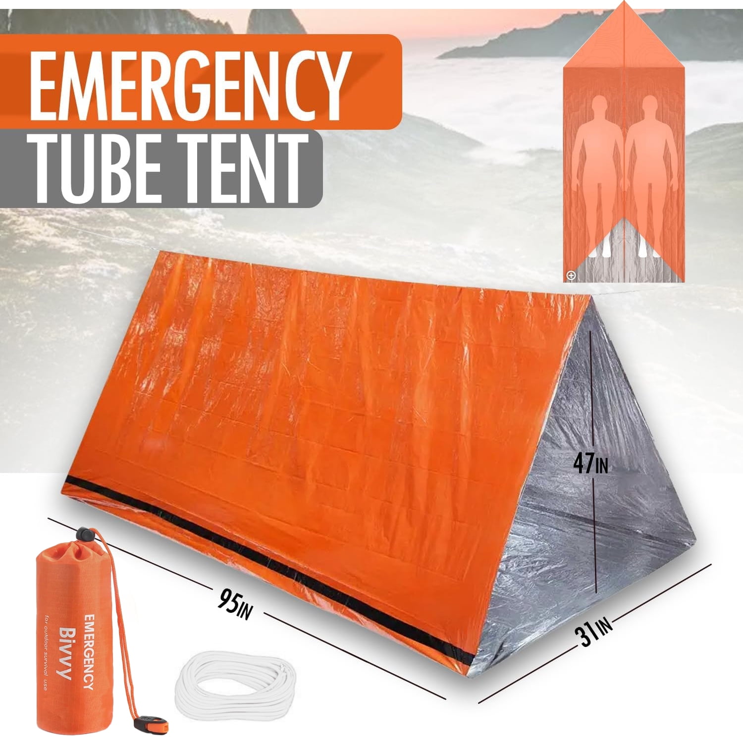 2 Person Emergency Shelter Bivy Survival Tent Kit Mylar Tube Tent Sleeping Bag Waterproof Outdoor SOS Thermal Blanket Shelter Tent Orange Suit Walmart