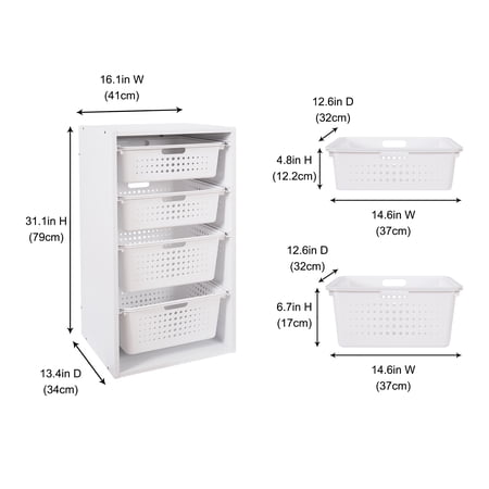 YOUR ZONE SLIDING BIN ORGANIZER WITH 4 STORAGE BINS FOR KIDS, WHITE