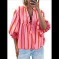 thumbnail image 1 of Blusa de Verano A Rayas con Cuello en V y Mangas Abullonadas para Mujer, Estilo Babydoll, Holgada e Informal Rosa XL, 1 of 9