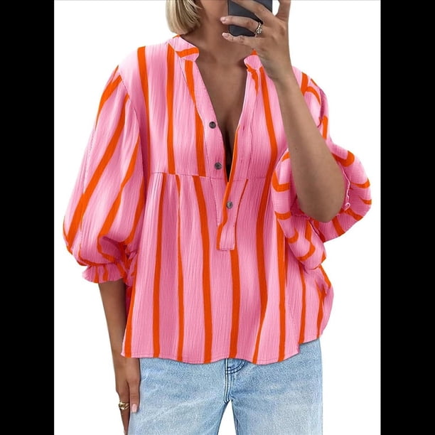 Blusa de Verano A Rayas con Cuello en V y Mangas Abullonadas para Mujer, Estilo Babydoll, Holgada e Informal Rosa S