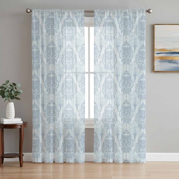 Blue Ethnic Sheer Curtains 96 Inch Length 2 Panels Set, Vintage Country Medallion Printed Flower Voile Window Treatment Semi Sheer Long Curtains Drapes for Bedroom/Living Room/Kitchen 52"x96"x2