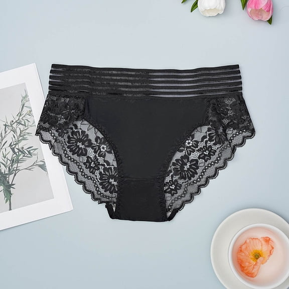Voncos Womens Plus Size Black Lace Panties - High Waisted Stretchy Comfort Briefs with Elastic Waist,Size XL