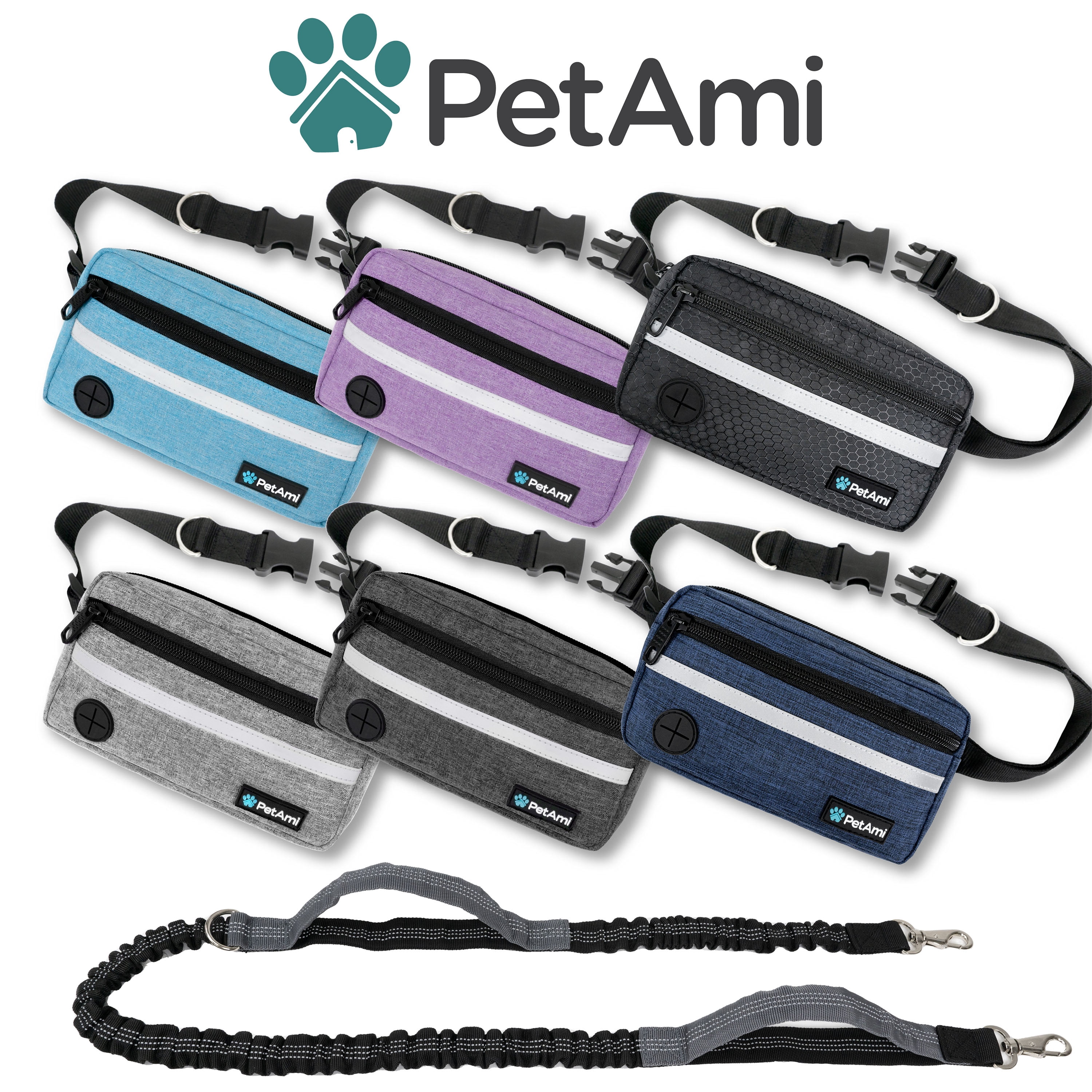 PetAmi Hands Free Dog Leash, Dog Running Leash Belt for Walking Jogging, Dog Waist Zipper Pouch Fanny Pack with Poop Bag Dispenser, Dual Padded Handle Bungee Leash for Small Medium Large Dogs, Single
