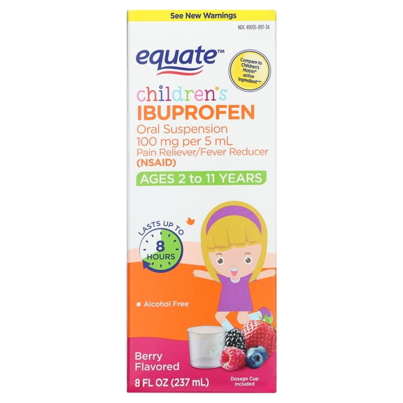 Equate Children's Pain Reliever/Fever Reducer Ibuprofen Oral Suspension, Berry Flavor, 100 mg, 8 fl oz