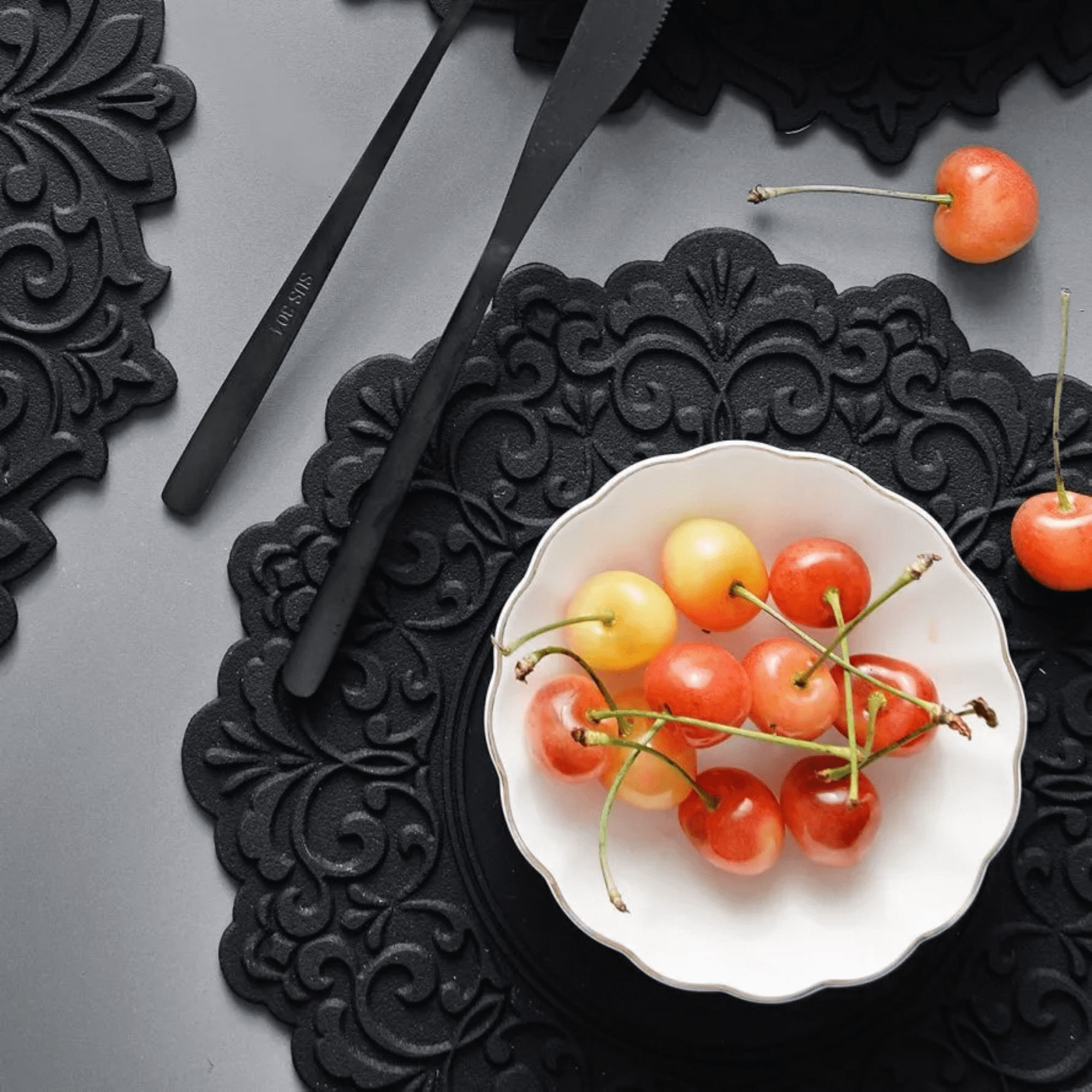 2 Set, Premium 14" Silicone Placemat – Heat-Resistant, Non-Slip & Waterproof – Easy to Clean, Dishwasher Safe Table Mat for Dining & Kitchen (Black)