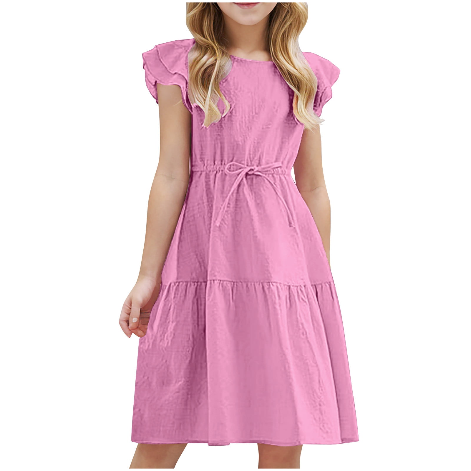 zbxnLI Girls Dress Linen Ruffle Sleeve A-Line Beach Sundress Solid