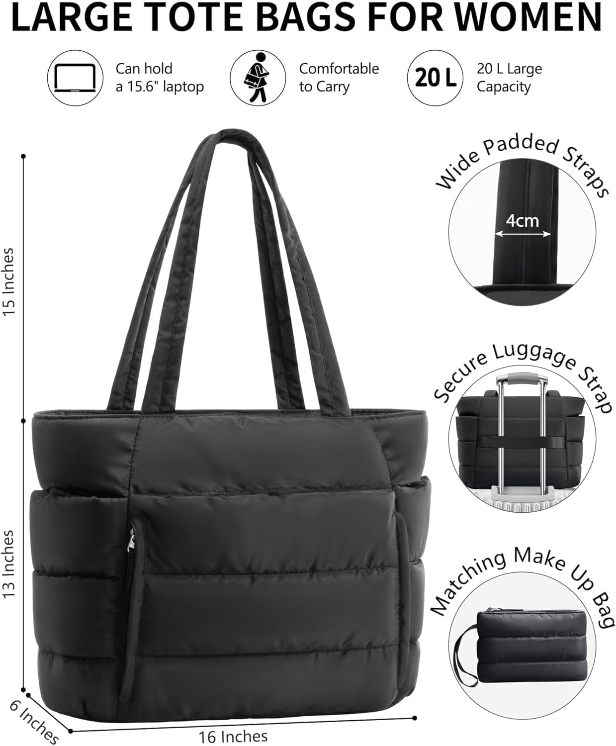 ZUTOYBOLIN Puffer Tote Bag for Women, Lightweight Puffy Work Handbag Teacher Nurse Quilted Shoulder , Daily College Bags, 15.6" Computer Bag, Clinical Nursing Bag, Ideal Gift for Women. Black