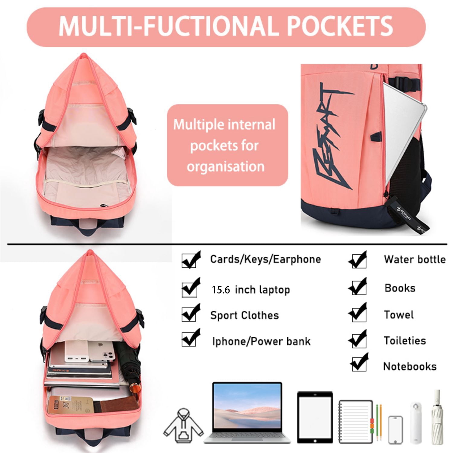 BE SMART Waterproof Work Backpack for Woman/Ladies, Lightweight Business Laptop Backpack Fits 15.6 Inch Computer, Durable Casual Daypack College Bag for Travel/Sport Gym/Fitness/Hiking/Outdoor, Pink