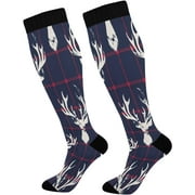 bestwell Checkered Christmas Elk Compression Socks for Women Men,Knee High Stockings for Athletic Sports,Running,Travel,(20-30mmHg)