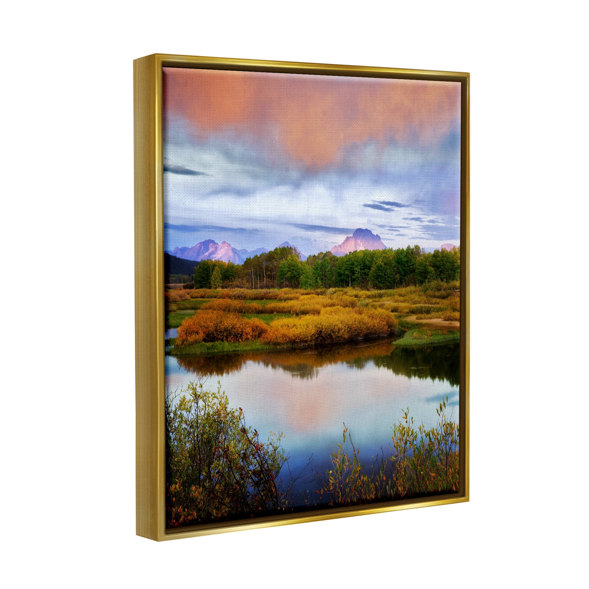 Stupell Industries Cloudy Pond Mountain Peaks Coastal Photography Gold Floater Framed Art Print Wall Art