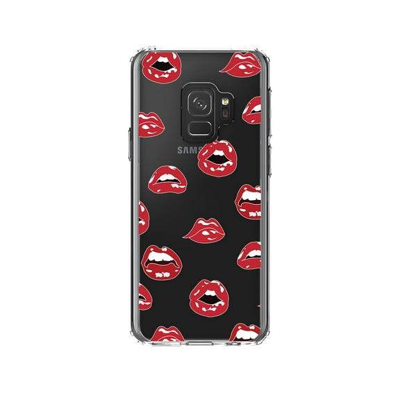 DistinctInk Clear Shockproof Hybrid Case for Samsung Galaxy S9 (5.8" Screen) - TPU Bumper, Acrylic Back, Tempered Glass Screen Protector - Red Lips