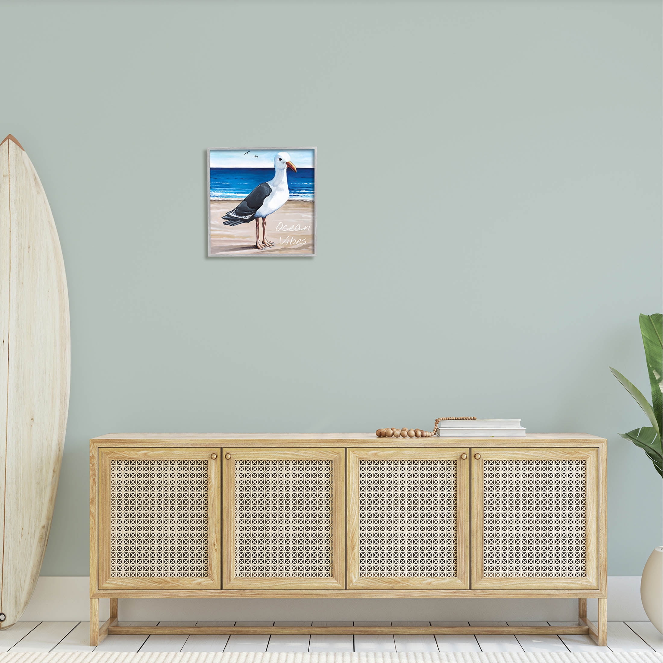 Stupell Industries Ocean Vibes Coastal Seagull Beach Graphic Art Gray Framed Art Print Wall Art, Design by Elizabeth Tyndall
