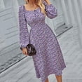thumbnail image 4 of Women Slim Floral Print Dress French Midi Long Square Neck Long Sleeve Shirred Back Dresses Casual Swing Midi Dress, 4 of 7