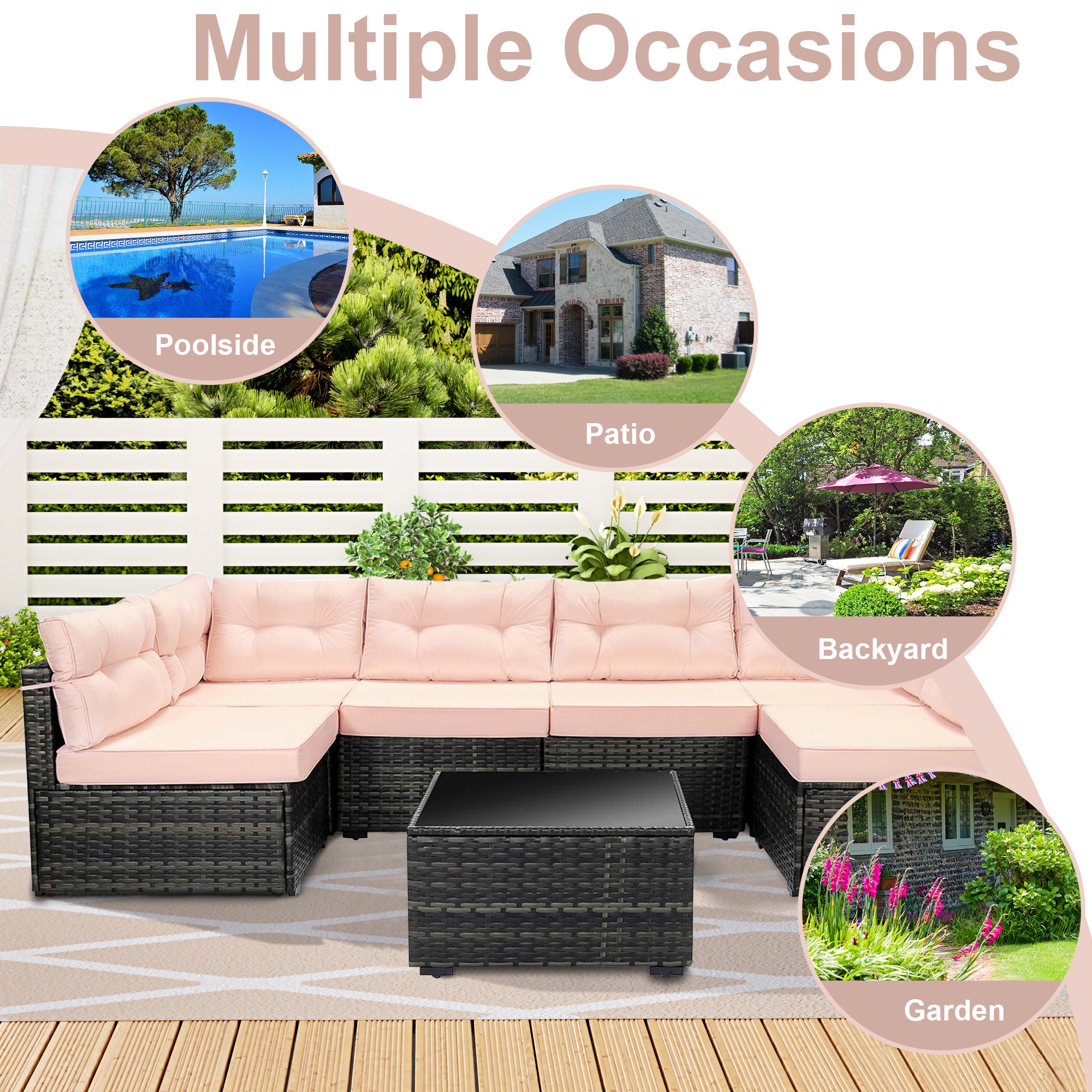 7 Pcs Patio Sofa Couch Sets, Brown Rattan Outdoor Sectional Furniture with Beige Cushions and Coffee Table, Patio Seating Sets for Garden Deck Backyard