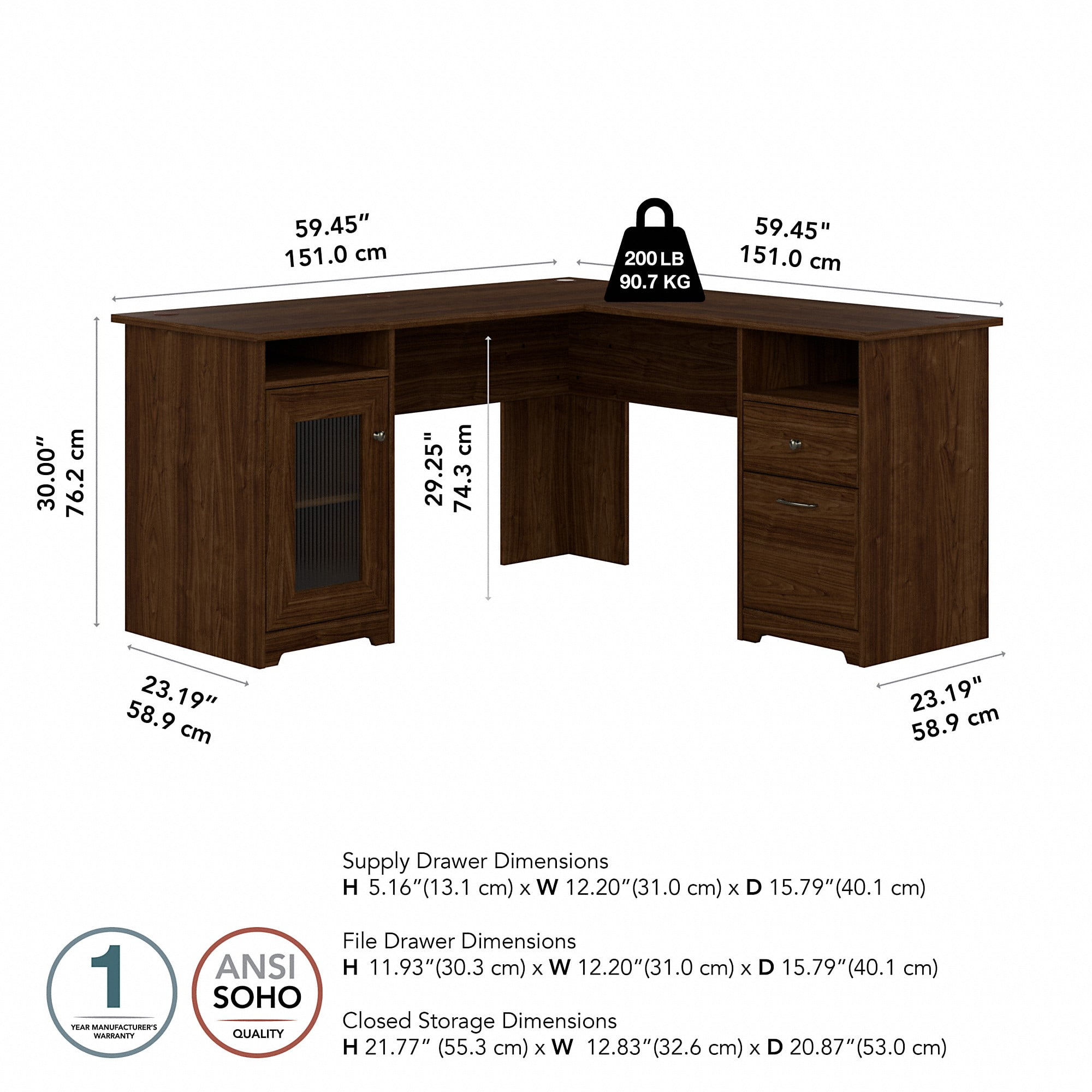 Bush Furniture Cabot 60" L Shaped Desk with Storage, Modern Walnut