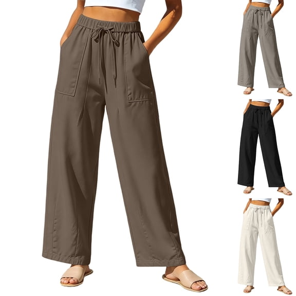 SROBPTY Fall Winter Plus Size Womens Pants Solid Drawstring High Waist Wide-Leg Bottoms with Pocket