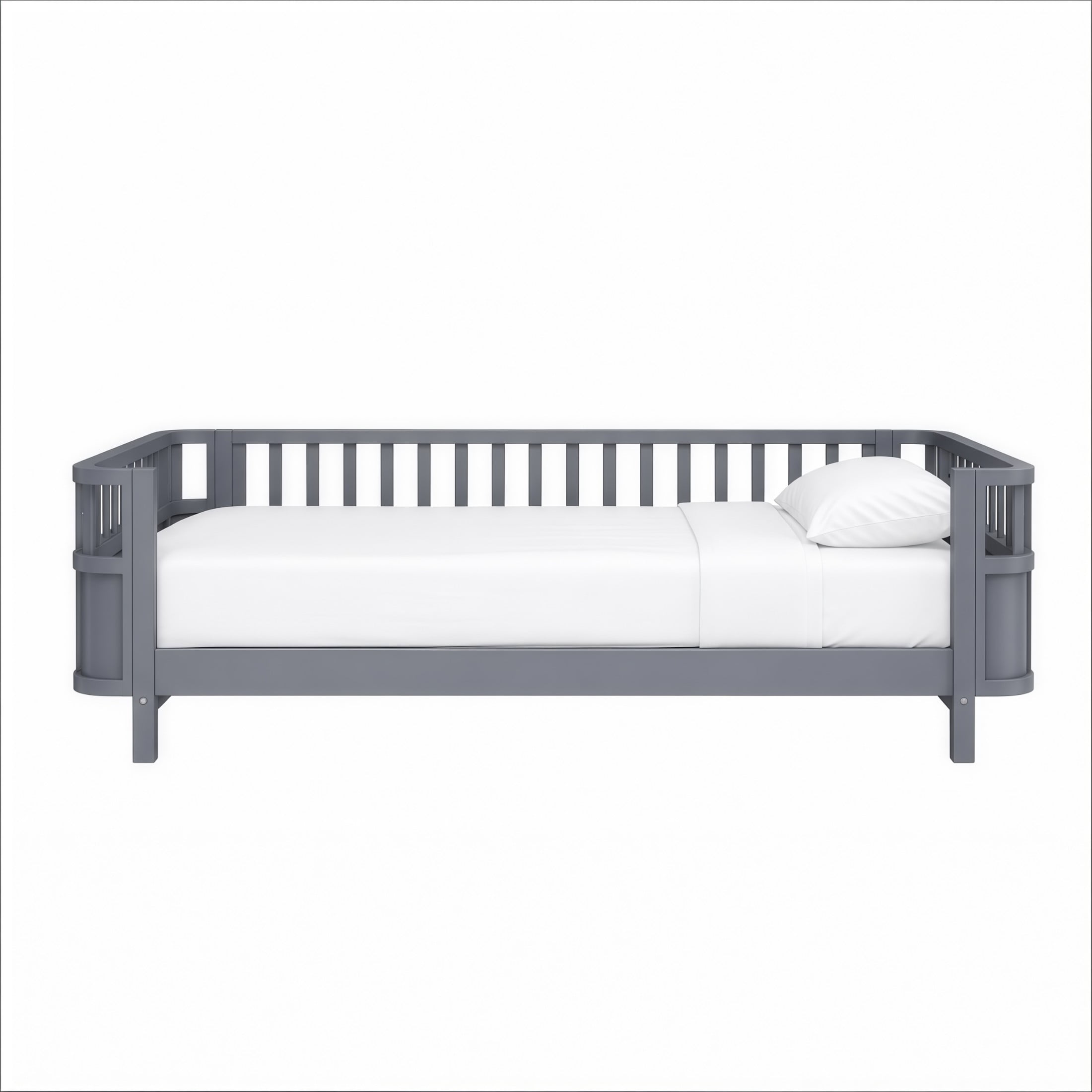 GDF Studio Darpel Twin Size Wooden Montessori Bed Frame with Guard Rails, Pine Wood Low-Profile Floor Kids Bed, Gray