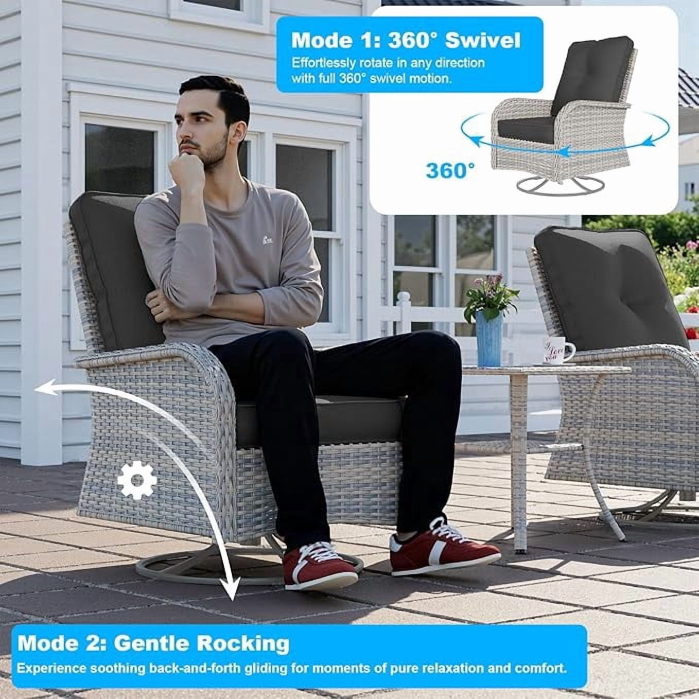 Muphyers 3-Piece Swivel Rocker Chairs Set, Rattan Patio Furniture Set with 4" Thick Cushions & Double-Layer Tempered Glass Table, Outdoor Conversation Set for Deck Porch,Black