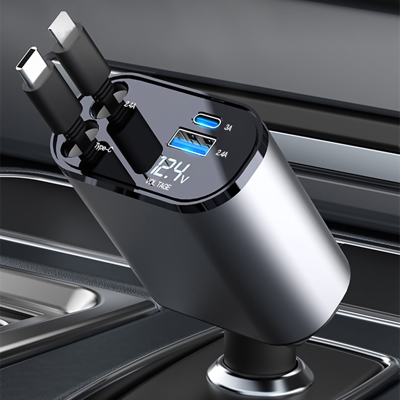 Rapid 100W Car Charger with Dual USB Flexible Telescopic Line Fast Charging for Multiple Devices