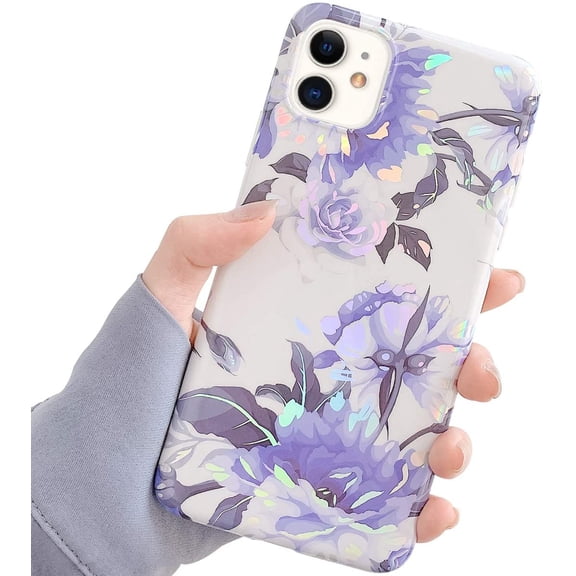 Compatible with iPhone 11 Case with Glitter Vintage Flowers and Leaves Pattern for Women Girls Elegant Floral TPU Soft Glossy Protective Shockproof Cases for iPhone 11-Purple