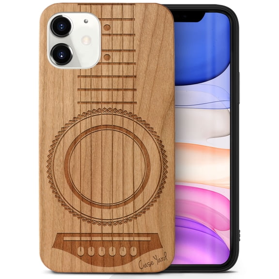 Case Yard Wooden Case Outside Soft TPU Silicone, Slim Fit Shockproof Wood Protective Phone Cover for Girls Boys Men and Women, Supports Wireless Charging Guitar Design case for iPhone-11