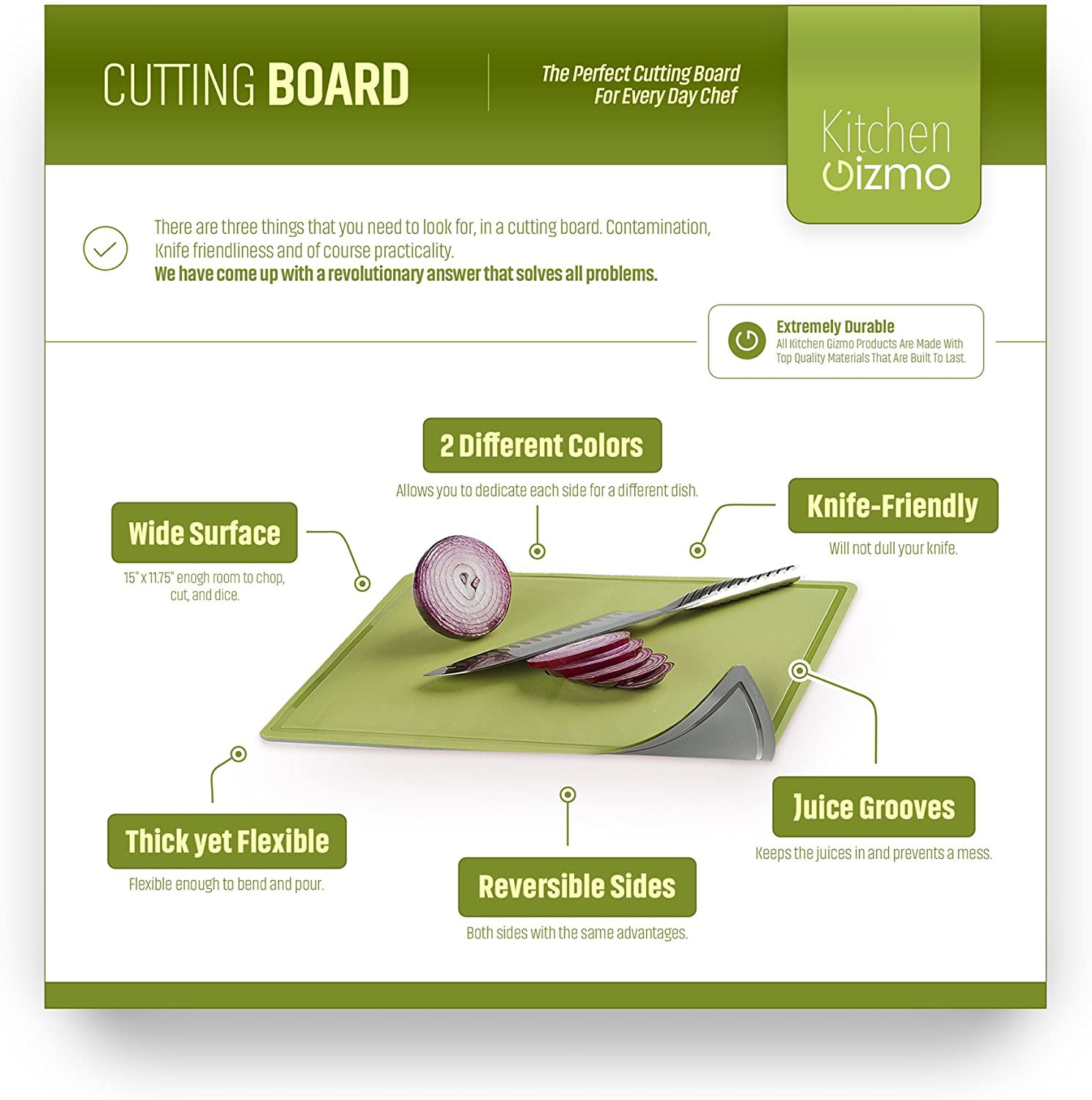 Kitchen Gizmo - Kitchen Gizmo's cutting board is made from TPU materials  which make surface extremely scratch resistant. Even after months of  regular use, it will look almost brand new. All that