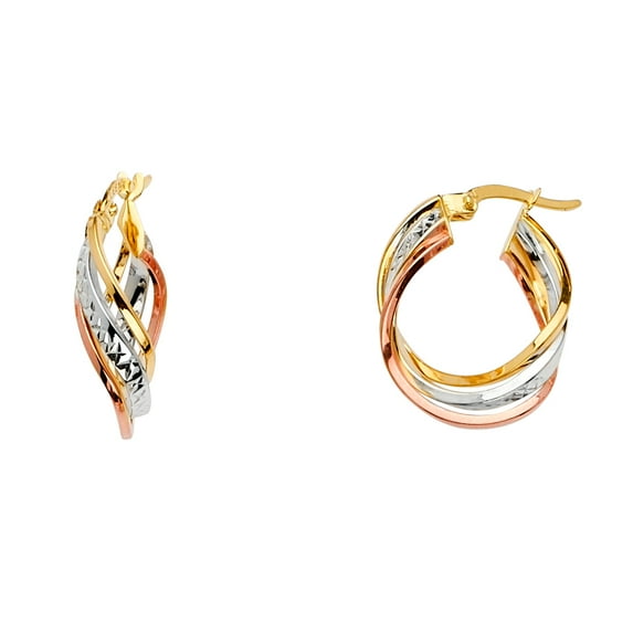 FB Jewels 14K White Yellow And Rose Gold Three Line Twisted Hoop Womens Earrings 23MM X 17MM
