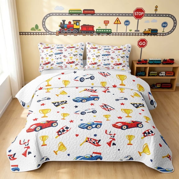 Erosebridal Cartoon Car Twin Quilt Set, Trophy Twin Coverlet Set, White Red 2 Pieces 1 Bedspread and 1 Pillowcase
