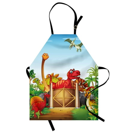 Dinosaur Illustrations (Kids Apron Cartoon Style Cute Dinosaurs in a Dino Park Jungle Trees Wildlife Habitat Illustration, Unisex Kitchen Bib Apron with Adjustable Neck for Cooking Baking Gardening, Multicolor, by)