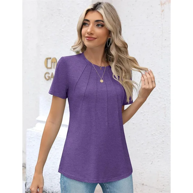 Camiseta plisada de rayas con cuello redondo para mujer, Jersey informal de manga corta, cómodo, de uso diario, Tops de Color sólido, Verano