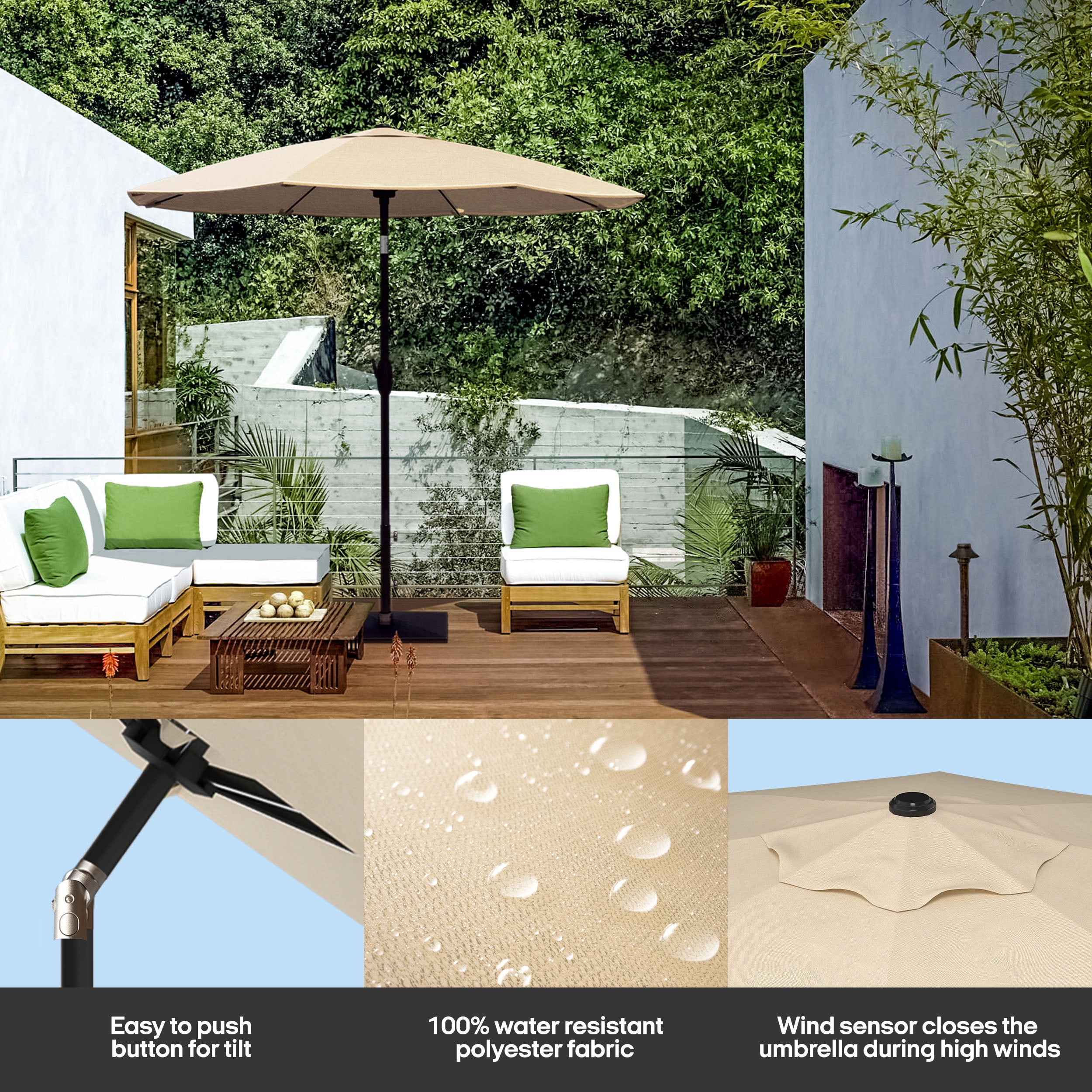 Above OneClick 2 with Rib Replacement Technology 9 Feet Market Patio Outdoor Umbrella, Tan
