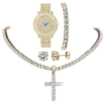 Women's Baguette Cut Iced Out Watch with Bling'ed Out Tennis Bracelet and Necklace with Matching Diamond Crystal Earing (L0504LA Trim GLD - 20")