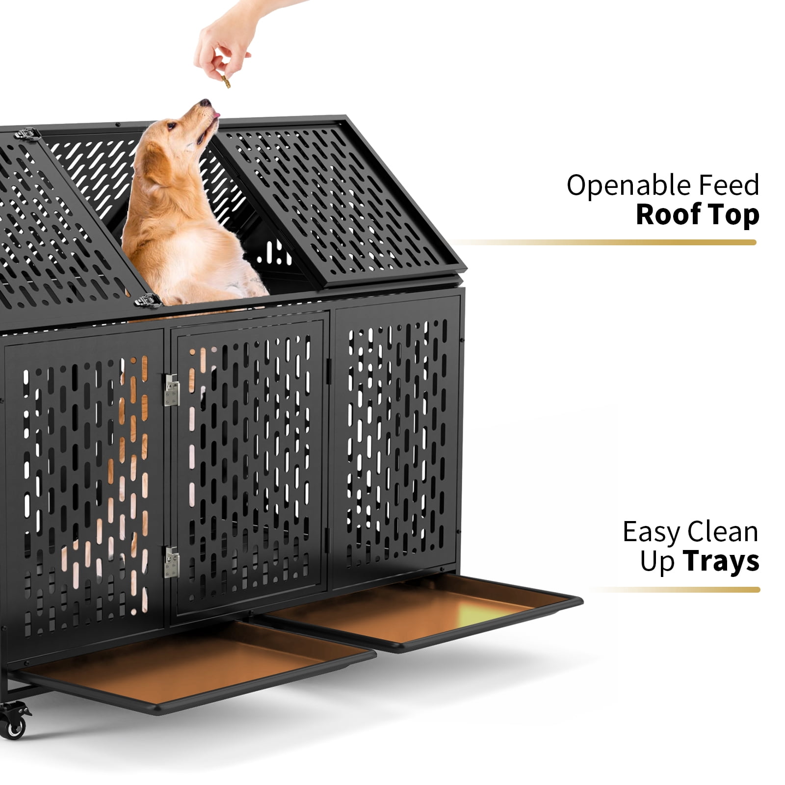 52 Inch Heavy Duty Dog Crate Extra Large Dog Cage, Indestructible XXL Dog Crate Kennel with Open Roof Top, Trays and Wheels, Escape-Proof for High Anxiety Giant Dogs